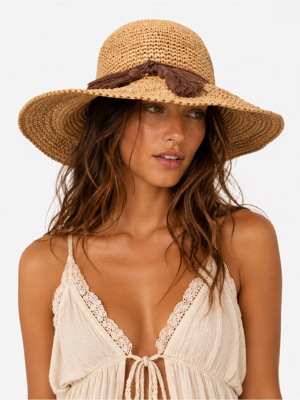 J.Crew Raffia Straw Sun Hat Tan S/M Wide Brim Tassel Trim Beach Boho Resort